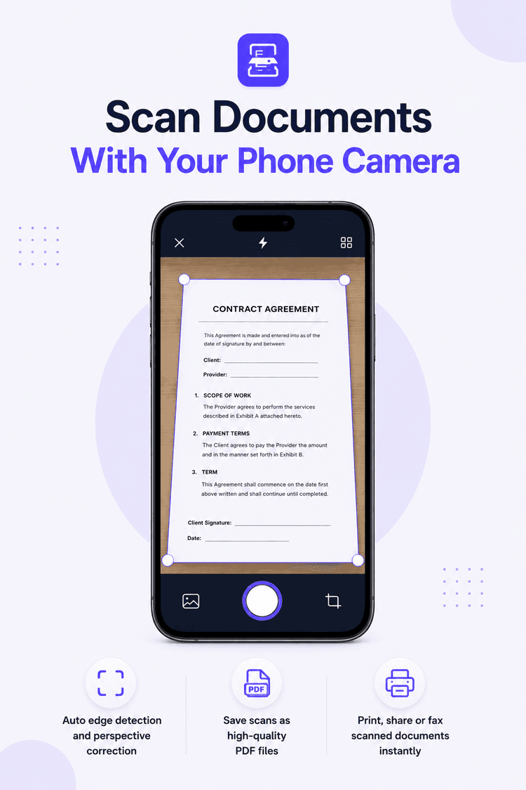 Scan documents with phone camera: Smart Printer document scanner capturing a business report with automatic edge detection