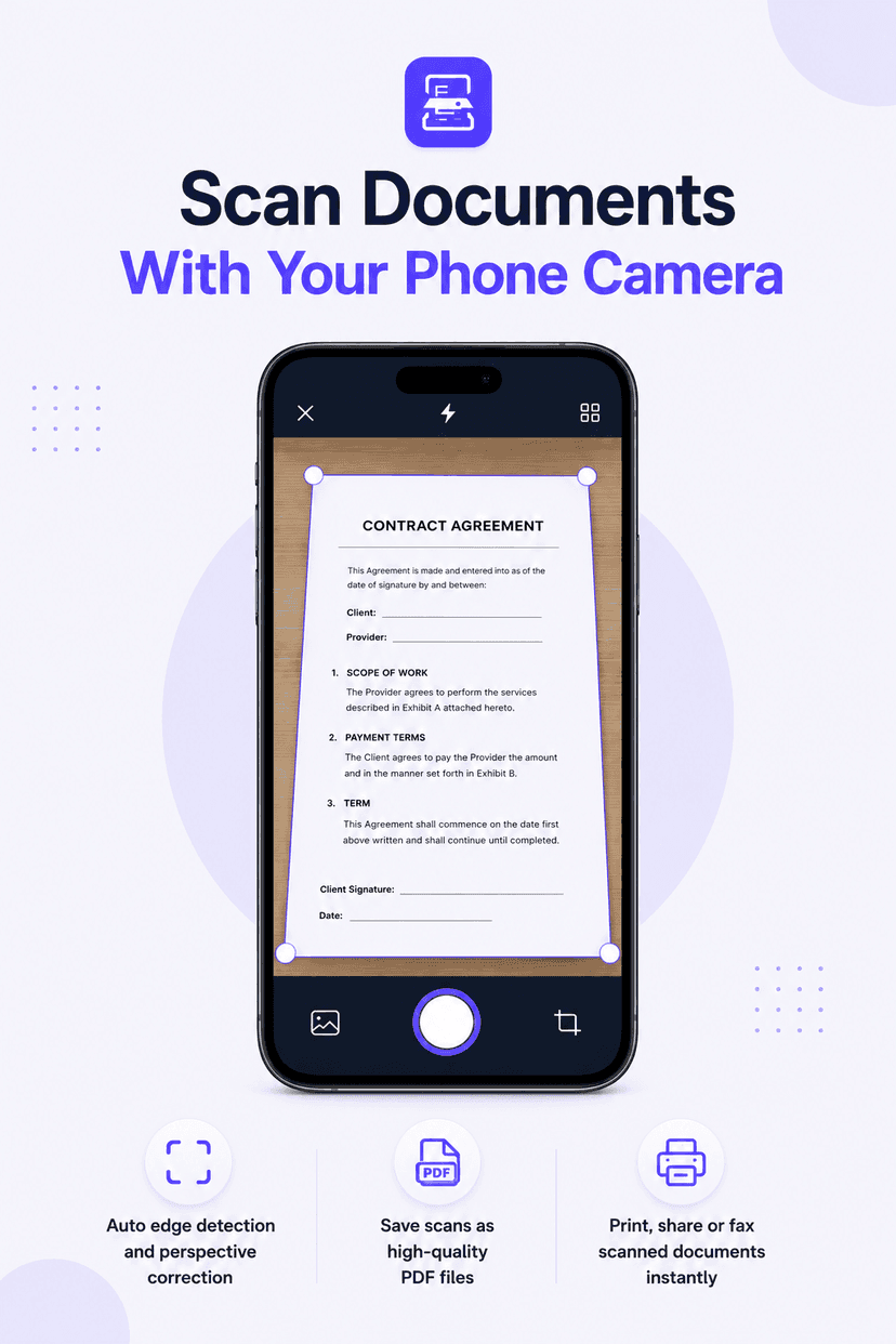 Scan documents with phone camera: Smart Printer document scanner capturing a business report with automatic edge detection