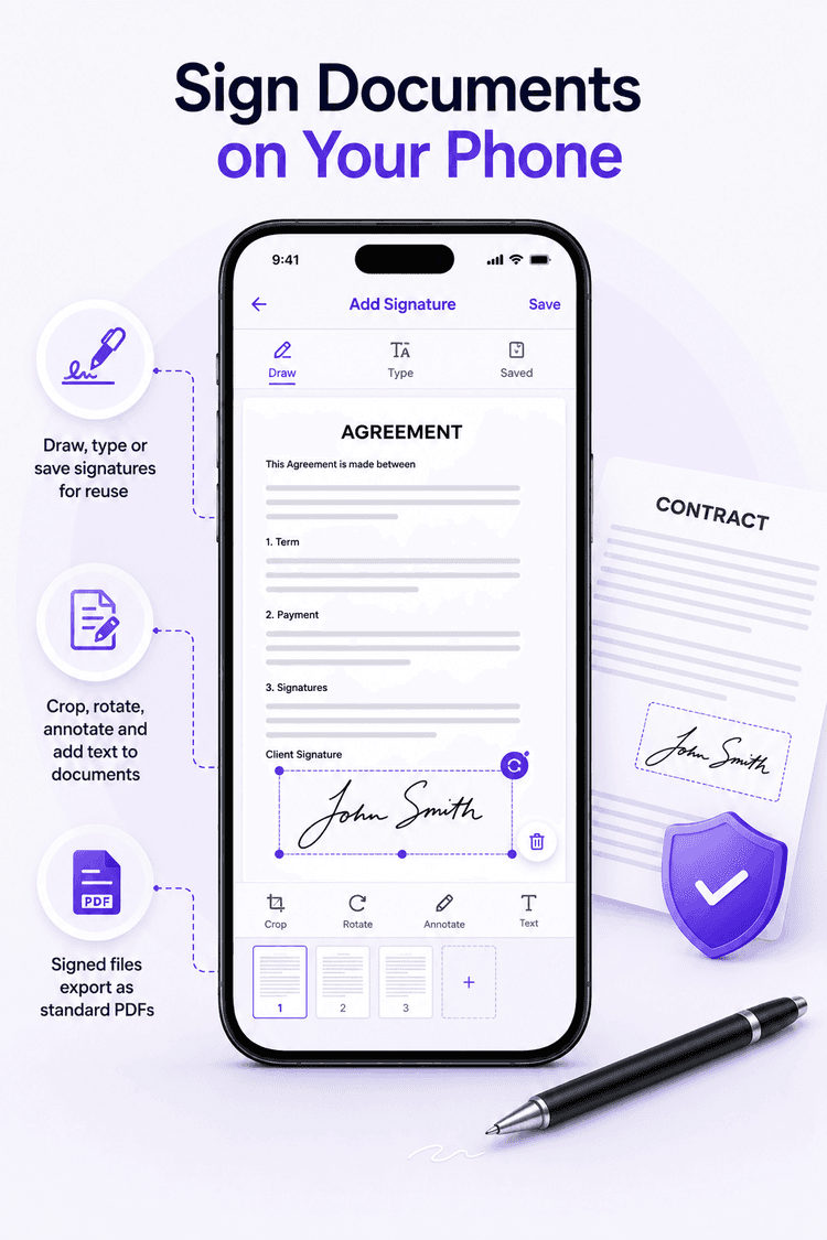 Sign PDF on phone: drawing an electronic signature on an agreement document in the Smart Printer app