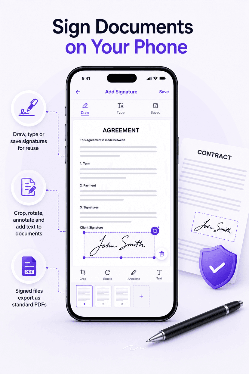 Sign PDF on phone: drawing an electronic signature on an agreement document in the Smart Printer app