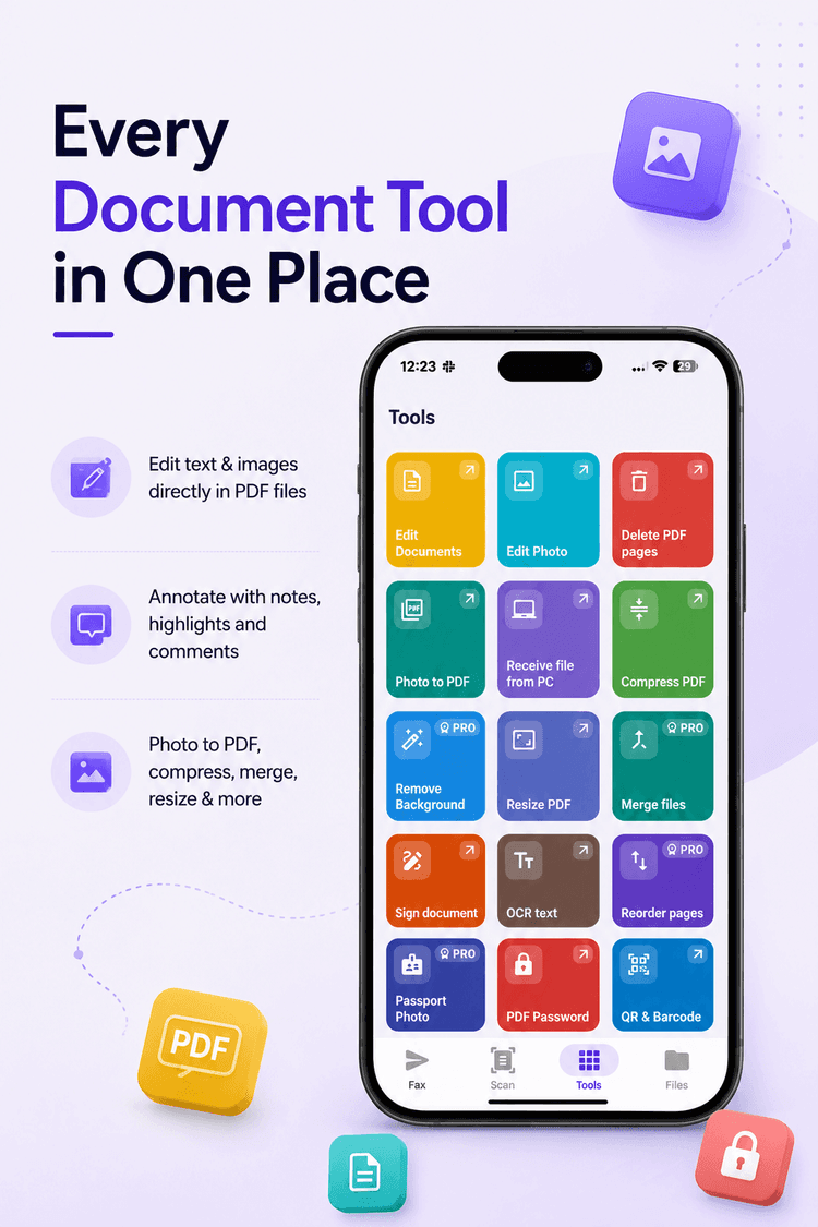 Mobile PDF tools in Smart Printer app: edit documents, edit photo, delete PDF pages, photo to PDF, receive file from PC, compress PDF, remove background, resize PDF and merge files