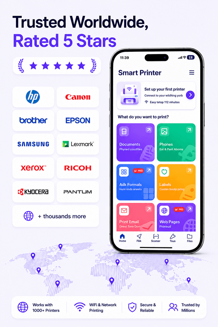 Smart Printer app trusted worldwide with 5-star rating, supporting over 10,000 WiFi printer models including color inkjet and laser printers