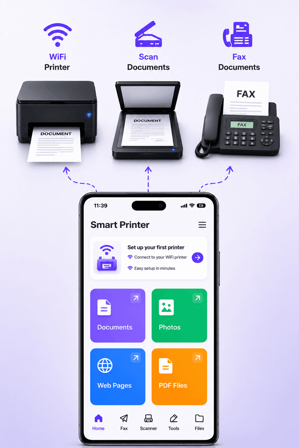 Smart Printer mobile printing app home screen with WiFi printer setup and options to print documents, photos, advanced formats and custom labels