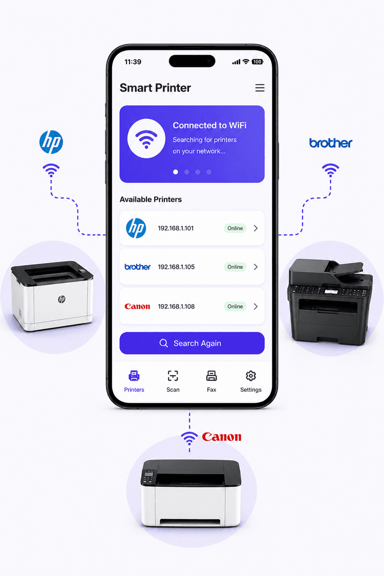 Print from phone via WiFi: Smart Printer app detecting HP LaserJet Pro, Brother MFC and Canon imageCLASS wireless printers on the network