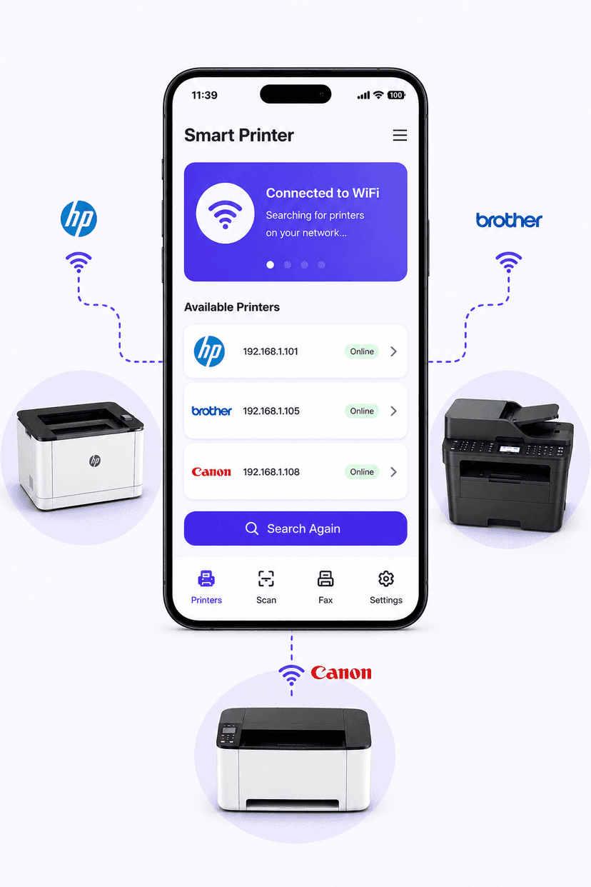 Print from phone via WiFi: Smart Printer app detecting HP LaserJet Pro, Brother MFC and Canon imageCLASS wireless printers on the network