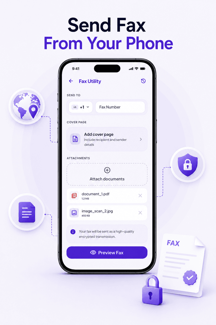 Send fax from phone: Smart Printer online fax screen with recipient number, cover page option and attached PDF document