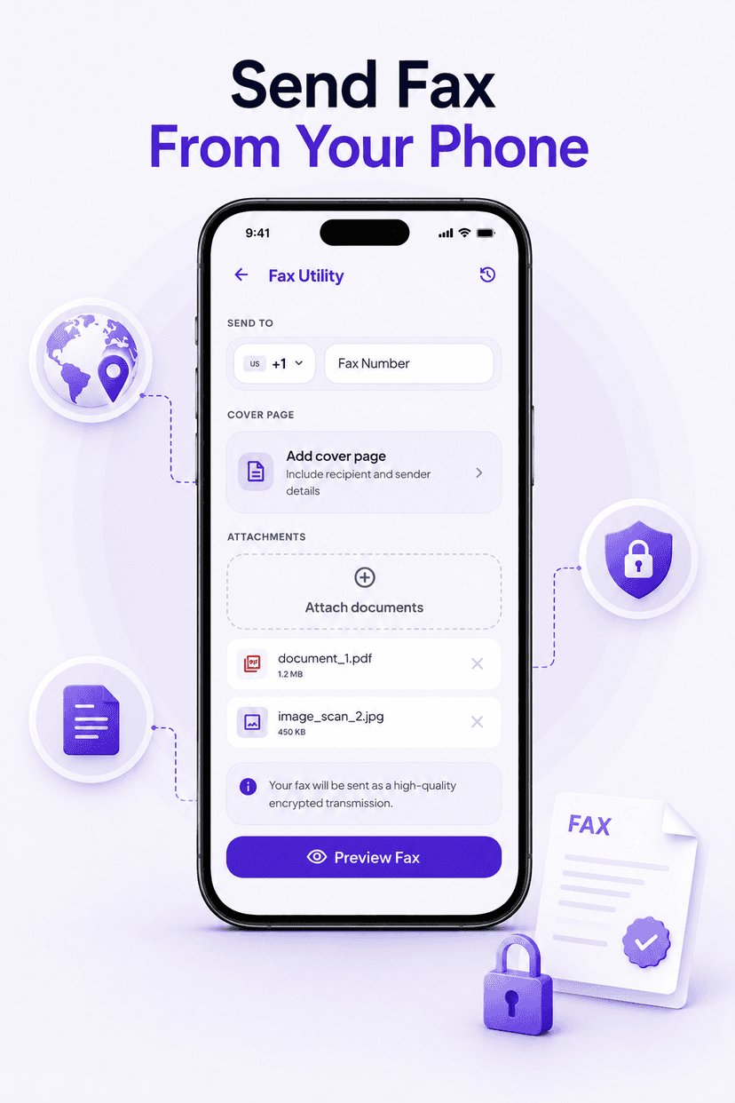 Send fax from phone: Smart Printer online fax screen with recipient number, cover page option and attached PDF document