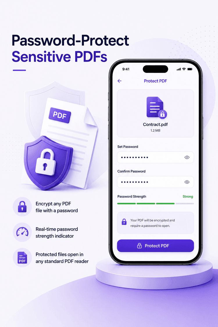 Password protect PDF on mobile: Smart Printer dialog with password fields and strength indicator securing a project proposal PDF
