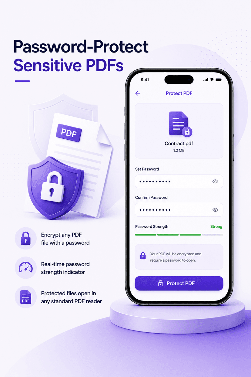 Password protect PDF on mobile: Smart Printer dialog with password fields and strength indicator securing a project proposal PDF